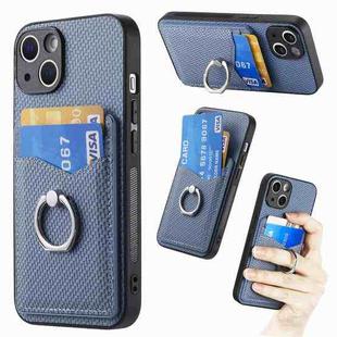 For iPhone 15 Pro Max Carbon Fiber Card Wallet Ring Holder Phone Case(Blue)