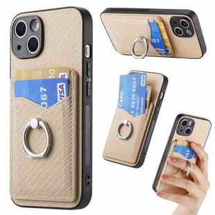 For iPhone 15 Pro Max Carbon Fiber Card Wallet Ring Holder Phone Case(Khaki)