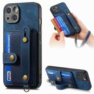 For iPhone 15 Retro Cross Wristband Wallet Leather Back Phone Case(Blue)
