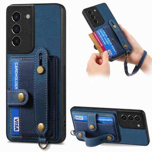 For Samsung Galaxy S21 5G Retro Cross Wristband Wallet Leather Back Phone Case(Blue)