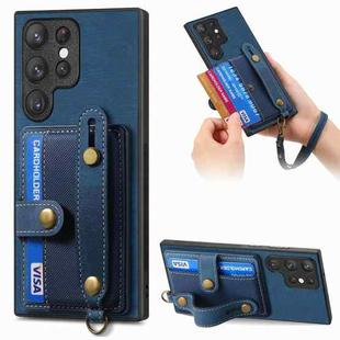 For Samsung Galaxy S22 Ultra 5G Retro Cross Wristband Wallet Leather Back Phone Case(Blue)