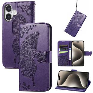 For iPhone 16 Butterfly Love Flower Embossed Leather Phone Case(Purple)