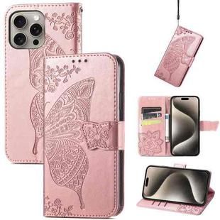 For iPhone 16 Pro Butterfly Love Flower Embossed Leather Phone Case(Rose Gold)