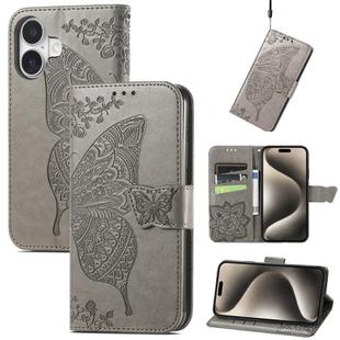 For iPhone 16 Plus Butterfly Love Flower Embossed Leather Phone Case(Gray)