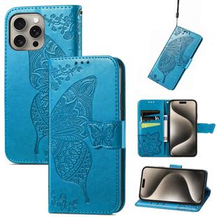 For iPhone 16 Pro Max Butterfly Love Flower Embossed Leather Phone Case(Blue)