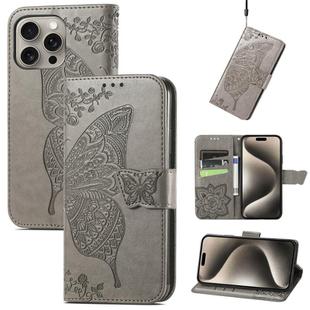 For iPhone 16 Pro Max Butterfly Love Flower Embossed Leather Phone Case(Gray)