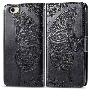 For iPhone 16e Butterfly Love Flower Embossed Leather Phone Case(Black)