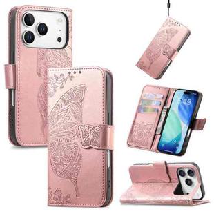 For IPhone 17 Pro Max Butterfly Love Flower Embossed Leather Phone Case(Rose Gold)
