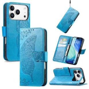 For IPhone 17 Pro Max Butterfly Love Flower Embossed Leather Phone Case(Blue)