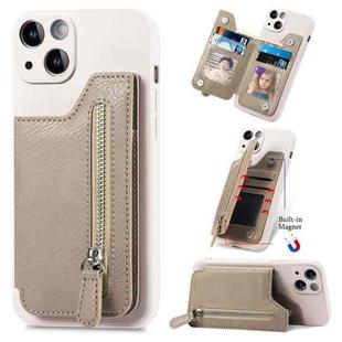 For iPhone 15 Zipper Wallet Leather Back Shockproof Phone Case(Khaki)