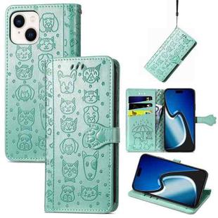 For iPhone 15 Cat and Dog Embossed Leather Phone Case(Green)