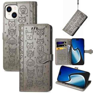 For iPhone 15 Plus Cat and Dog Embossed Leather Phone Case(Gray)