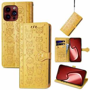 For iPhone 15 Pro Max Cat and Dog Embossed Leather Phone Case(Yellow)