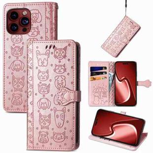 For iPhone 15 Pro Max Cat and Dog Embossed Leather Phone Case(Rose Gold)