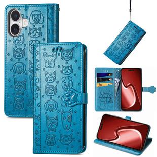 For iPhone 16 Cat and Dog Embossed Leather Phone Case(Blue)