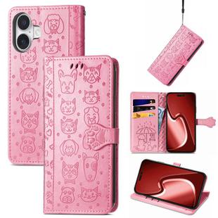 For iPhone 16 Cat and Dog Embossed Leather Phone Case(Pink)