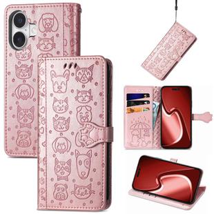 For iPhone 16 Plus Cat and Dog Embossed Leather Phone Case(Rose Gold)