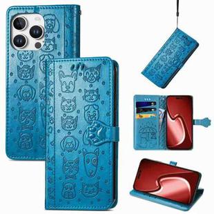 For iPhone 16 Pro Cat and Dog Embossed Leather Phone Case(Blue)