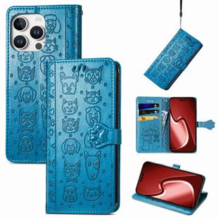 For iPhone 16 Pro Max Cat and Dog Embossed Leather Phone Case(Blue)