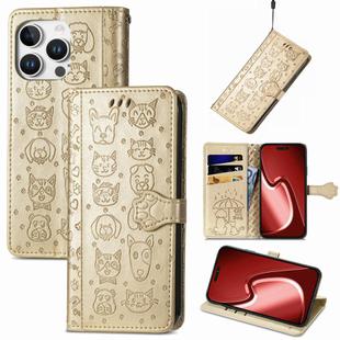 For iPhone 16 Pro Max Cat and Dog Embossed Leather Phone Case(Gold)