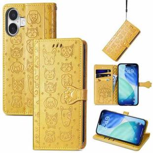 For iPhone 17 Cat and Dog Embossed Leather Phone Case(Yellow)