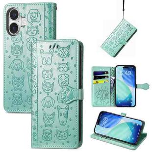 For iPhone 17 Cat and Dog Embossed Leather Phone Case(Green)