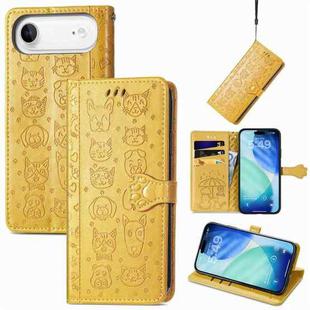 For iPhone Air Cat and Dog Embossed Leather Phone Case(Yellow)