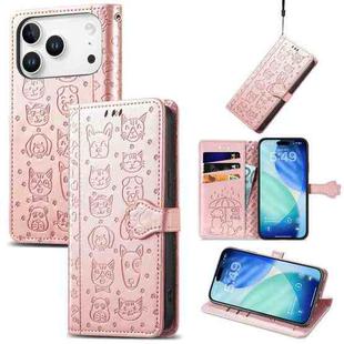 For iPhone 17 Pro Cat and Dog Embossed Leather Phone Case(Rose Gold)