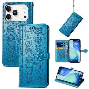 For iPhone 17 Pro Max Cat and Dog Embossed Leather Phone Case(Blue)