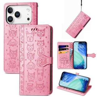 For iPhone 17 Pro Max Cat and Dog Embossed Leather Phone Case(Pink)