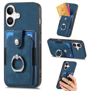 For iPhone 16 Retro Skin-feel Ring Card Wallet Phone Case(Blue)