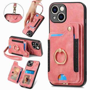 For iPhone 15 Retro Skin-feel Ring Multi-card Wallet Phone Case(Pink)