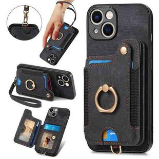 For iPhone 15 Retro Skin-feel Ring Multi-card Wallet Phone Case(Black)