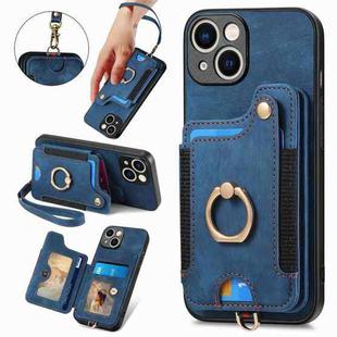 For iPhone 15 Retro Skin-feel Ring Multi-card Wallet Phone Case(Blue)