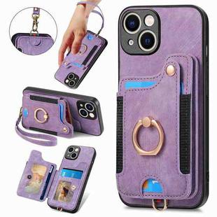 For iPhone 15 Retro Skin-feel Ring Multi-card Wallet Phone Case(Purple)