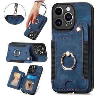 For iPhone 15 Pro Max Retro Skin-feel Ring Multi-card Wallet Phone Case(Blue)