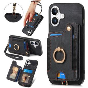 For iPhone 16 Retro Skin-feel Ring Multi-card Wallet Phone Case(Black)