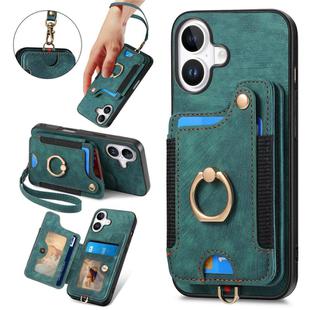 For iPhone 16 Retro Skin-feel Ring Multi-card Wallet Phone Case(Green)