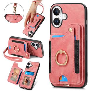 For iPhone 16 Plus Retro Skin-feel Ring Multi-card Wallet Phone Case(Pink)