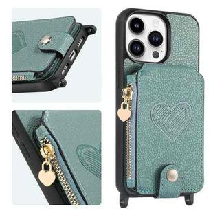 For iPhone 15 Pro Crossbody Love Zipper Leather Back Phone Case(Green)