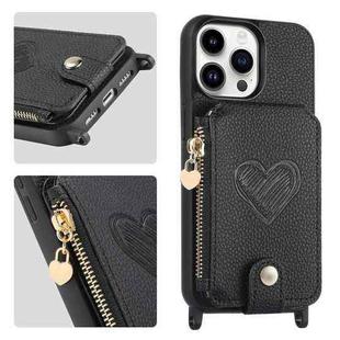 For iPhone 15 Pro Crossbody Love Zipper Leather Back Phone Case(Black)