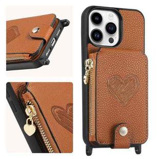 For iPhone 15 Pro Crossbody Love Zipper Leather Back Phone Case(Brown)