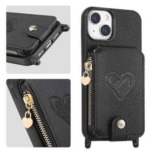 For iPhone 15 Crossbody Love Zipper Leather Back Phone Case(Black)