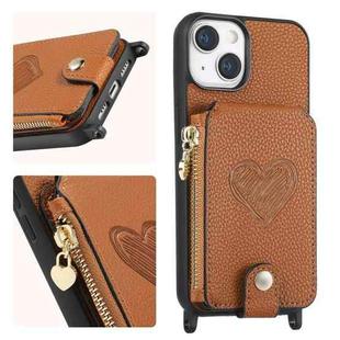 For iPhone 15 Crossbody Love Zipper Leather Back Phone Case(Brown)