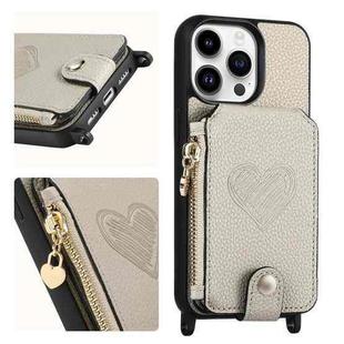 For iPhone 15 Pro Max Crossbody Love Zipper Leather Back Phone Case(White)