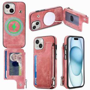 For iPhone 15 Magsafe Zipper RFID Wallet All-inclusive Shockrpoof Phone Case(Pink)