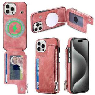 For iPhone 15 Pro Magsafe Zipper RFID Wallet All-inclusive Shockrpoof Phone Case(Pink)