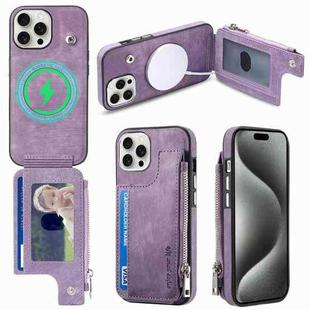 For iPhone 15 Pro Max Magsafe Zipper RFID Wallet All-inclusive Shockrpoof Phone Case(Purple)