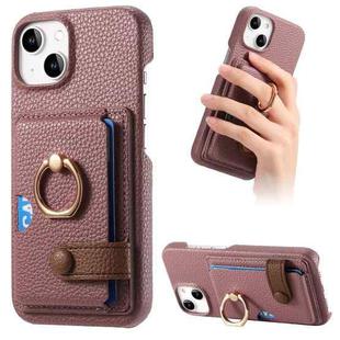 For iPhone 15 Litchi Leather Oil Edge Ring Card Back Phone Case(Jujube apricot)