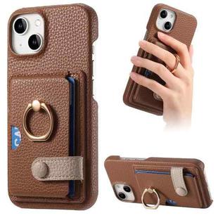 For iPhone 15 Plus Litchi Leather Oil Edge Ring Card Back Phone Case(Brown)